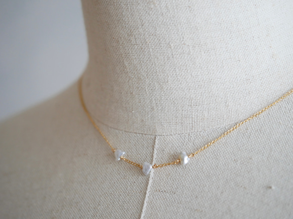 14KGF Akoya keshi pearl Station necklace -3 第1張的照片