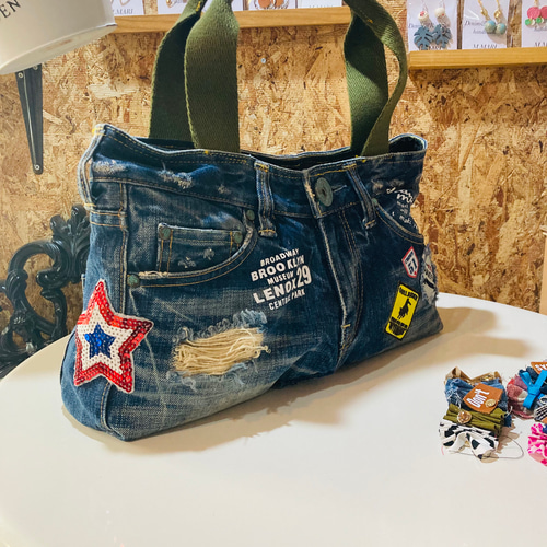 デニムトートバッグ ハンドメイド リメイク トートバッグ M.MARI