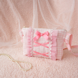 【Miyuuuページ】入園入学グッズ(小花&リボン×フリル×シェルピンク) キッズポシェット（ピンク系）♡入園入学プレゼント♡編み上げリボン