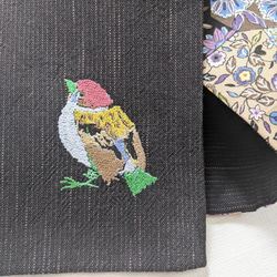 すずめ刺繍 ＆更紗 切り嵌め柄 リバーシブル半巾帯 6枚目の画像