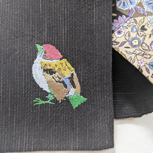 すずめ刺繍 ＆更紗 切り嵌め柄 リバーシブル半巾帯 和装小物（帯・半襟