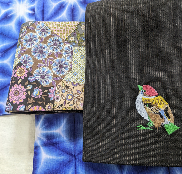 すずめ刺繍 ＆更紗 切り嵌め柄 リバーシブル半巾帯 4枚目の画像