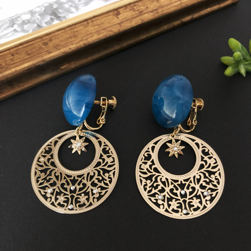 大きなセシリアンブルーのアジアンイヤリング[アジアンアクセサリーNo  