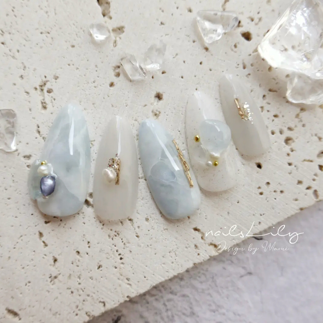 Aquamarine【天然石ネイル/水色ネイル/ニュアンスネイル/大人ネイル/ネイルチップ/淡色ネイル/パステルネイル】