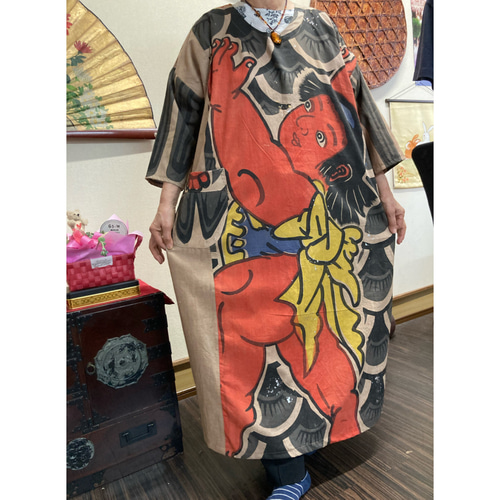 鯉のぼり(木綿)の柿渋染めワンピース(金太郎柄) 古布リメイク