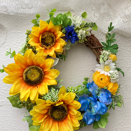 向日葵リース 玄関にも飾れるアーティフィシャルフラワー 結婚