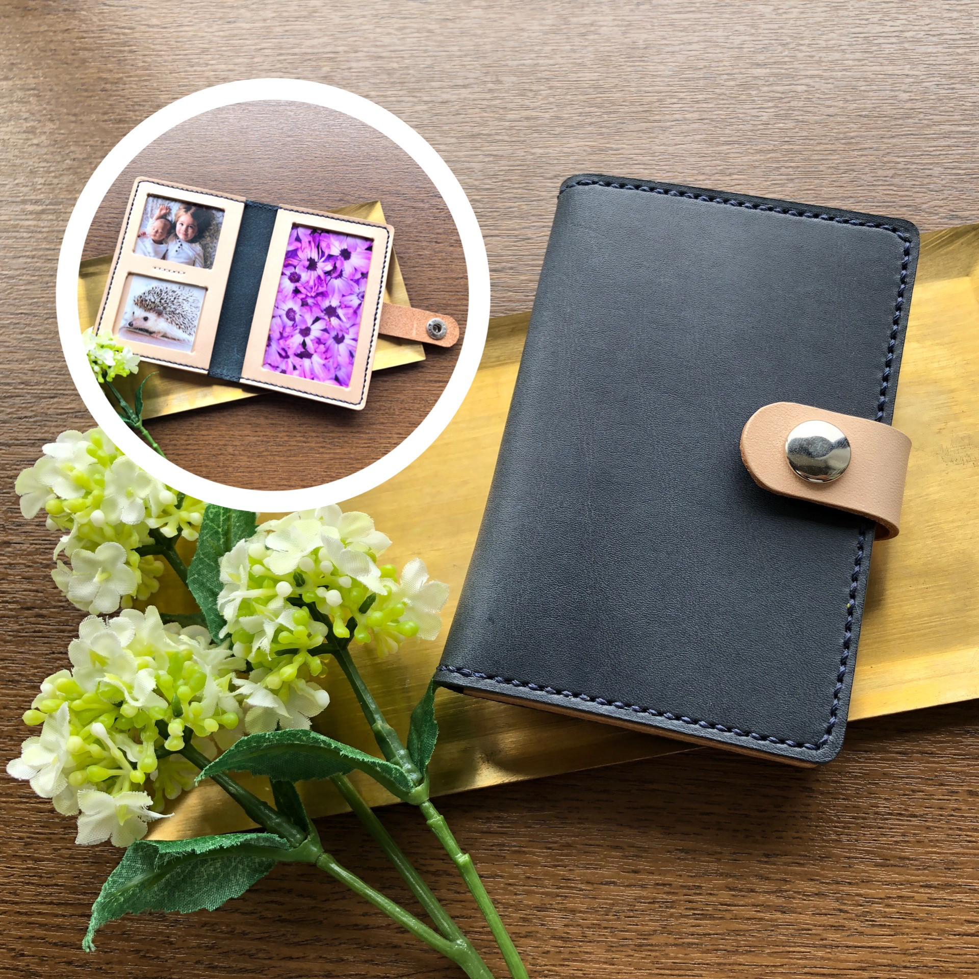 "思い出をいつも傍に"@ヌメ革のフォトケース【ネイビー＆ナチュラルカラー】