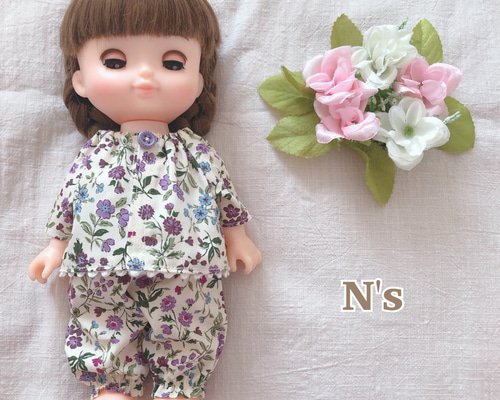 26cmドール用 パープル花柄パジャマ ソランちゃん レミンちゃん メル