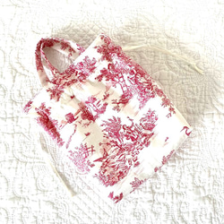 《ロコモコさま専用》フランス生地 トワルドジュイ レッド ハンドル付き 巾着ポーチ ミニバッグ 2枚目の画像