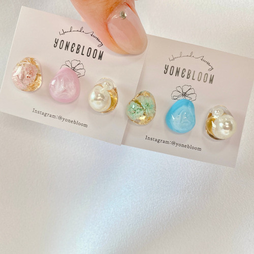 かすみ草の1粒ピアス【3個セット】イヤリング ブルー レジン 