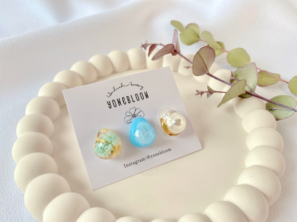 かすみ草の1粒ピアス【3個セット】イヤリング ブルー レジン 
