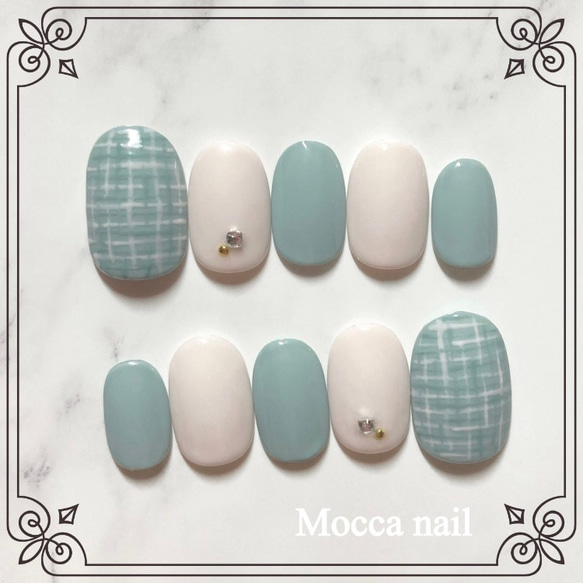 【313】くすみグリーン ツイード ネイルチップ｜チップ形変更OK 2枚目の画像