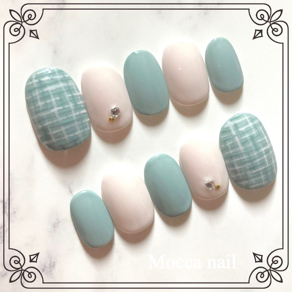 【313】くすみグリーン ツイード ネイルチップ｜チップ形変更OK 1枚目の画像