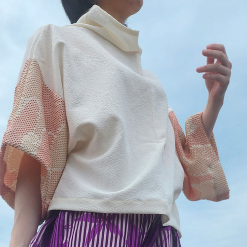 ピンク絞り染め ドロップショルダー ボトルネック トップス 七分袖 M