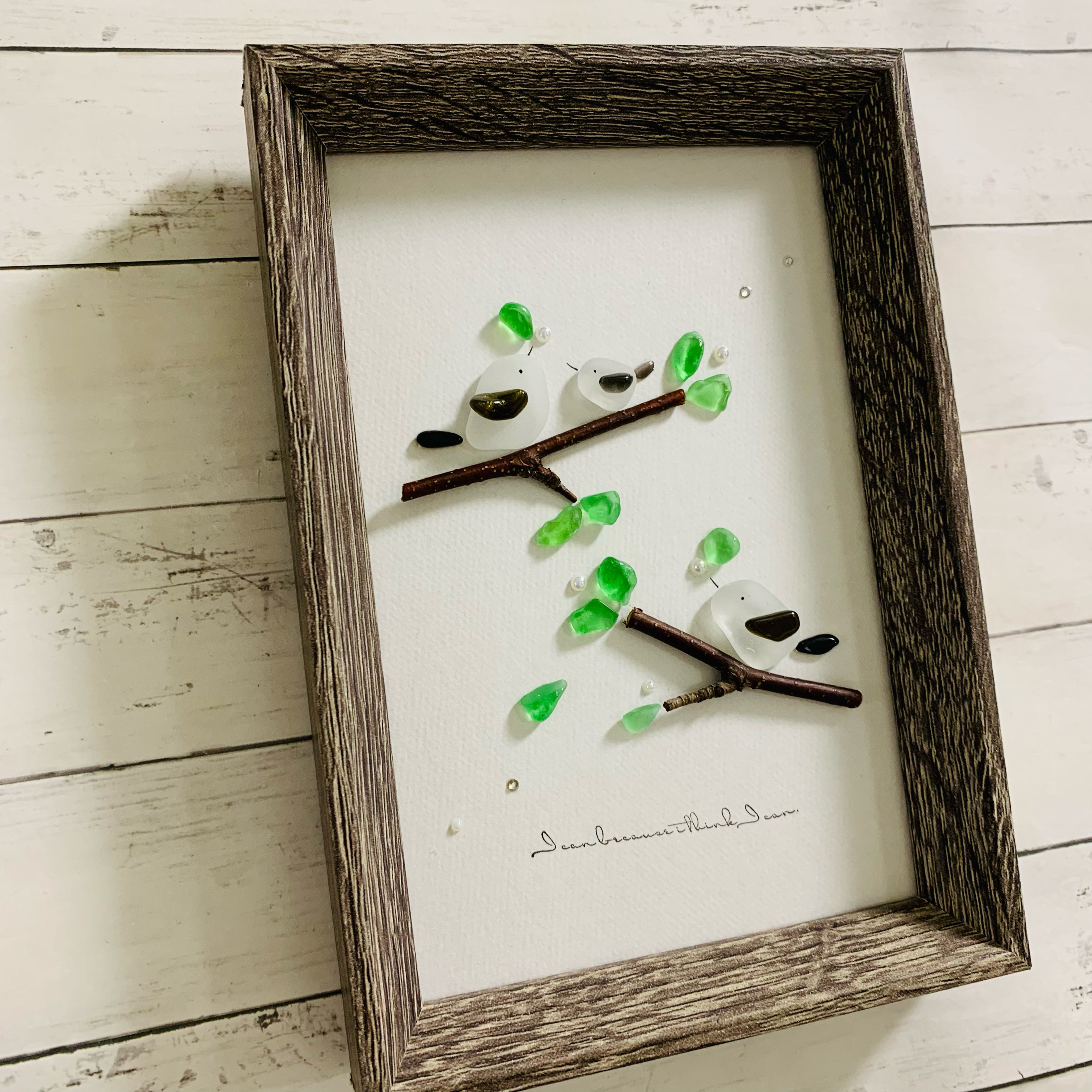 シーグラスアート シマエナガ 四葉のクローバー インテリア雑貨 壁掛け観葉植物 3584 シーグラスアート シマエナガ 四葉のクローバー インテリア