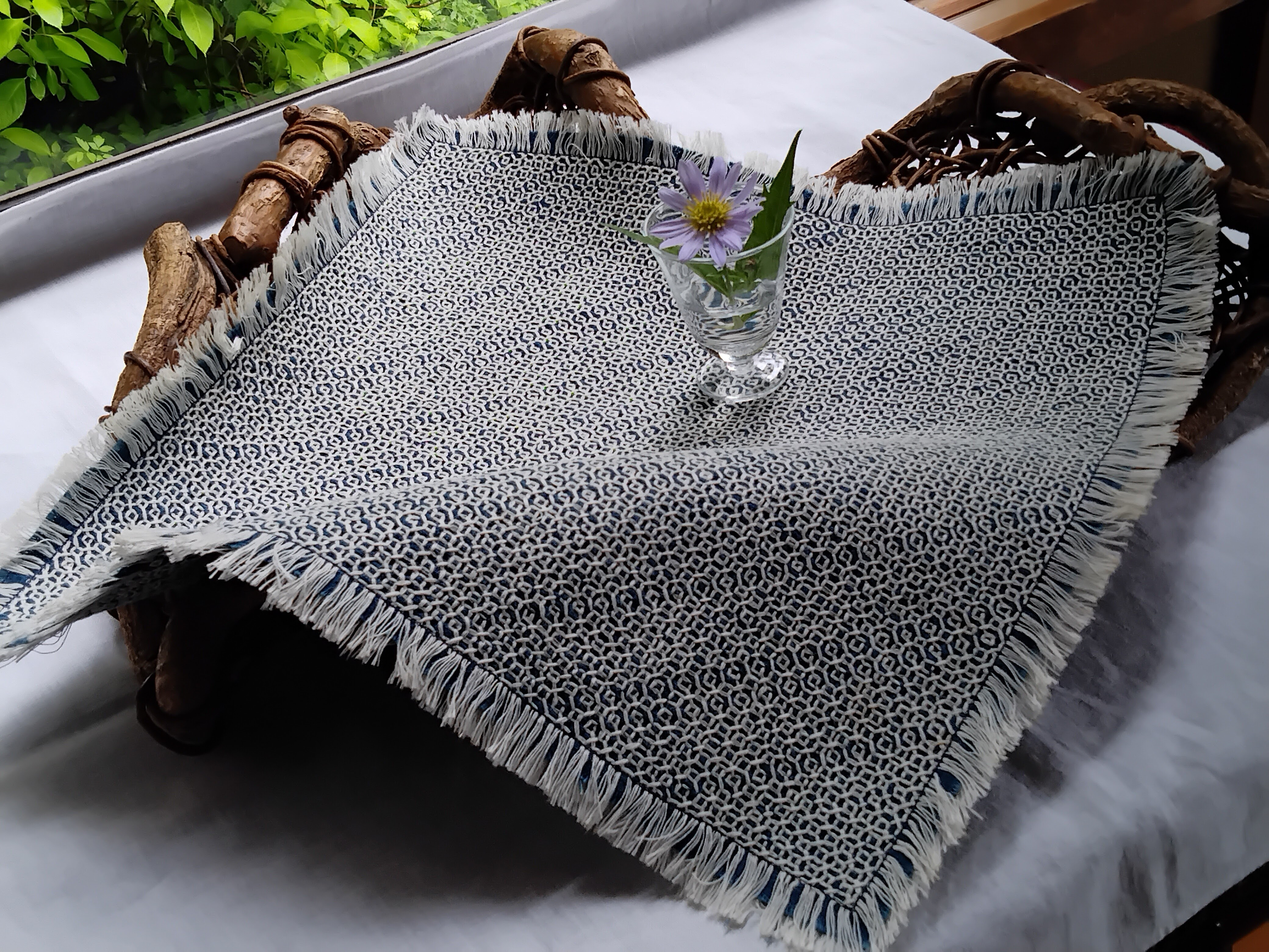 藍染め木綿に3ミリ一目刺し　フリークロス 一目刺し