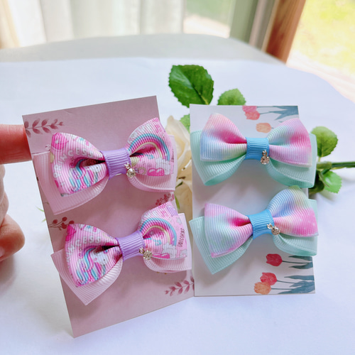 2種類お得セット ストーン付きリボン☆ヘアゴム こども ゆめかわピンク 
