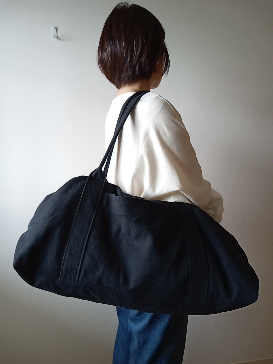 ☆ヴィンテージ加工帆布☆のキャラメルボストンバッグ　【ブラックＬL】