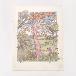 牧場の木と鳥と牛 リトアニア洋書 カルトン 戯画 イラスト図版 ヴィンテージペーパー 2002－3 1枚目の画像