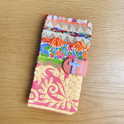 【ほぼ全機種対応】コーラルピンクの花柄  手帳型iPhoneケース 手帳型スマホケース iPhone15 1枚目の画像