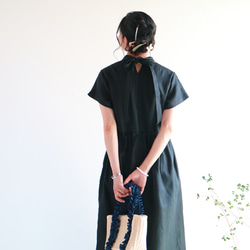 清涼感【ブラック】リネン100%バックネックリボン後ろファスナーワンピース★ 3枚目の画像