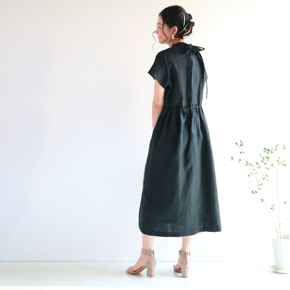 清涼感【ブラック】リネン100%バックネックリボン後ろファスナーワンピース★ 1枚目の画像