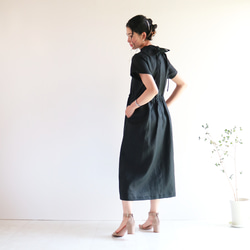 清涼感【ブラック】リネン100%バックネックリボン後ろファスナーワンピース★ 4枚目の画像