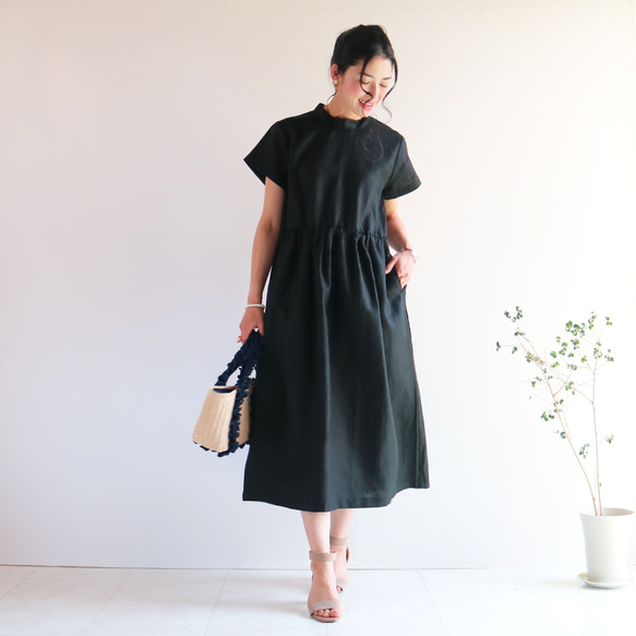 清涼感【ブラック】リネン100%バックネックリボン後ろファスナーワンピース★ 6枚目の画像