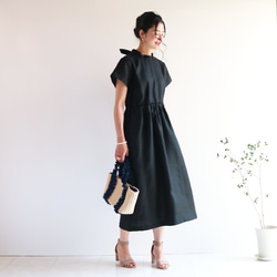 清涼感【ブラック】リネン100%バックネックリボン後ろファスナーワンピース★ 5枚目の画像