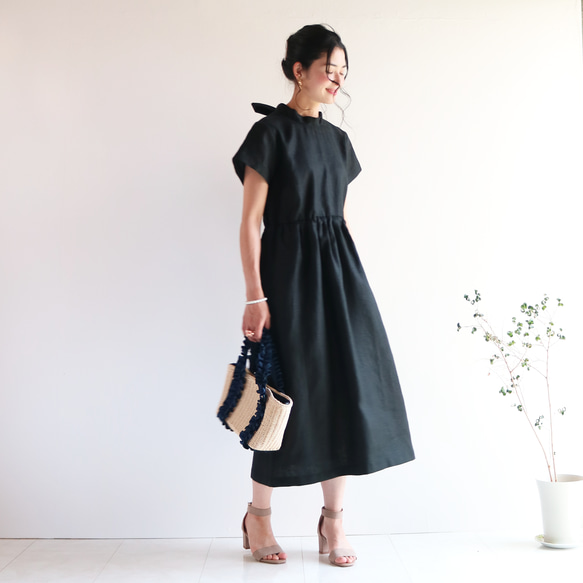 清涼感【ブラック】リネン100%バックネックリボン後ろファスナーワンピース★ 5枚目の画像