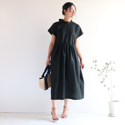 清涼感【ブラック】リネン100%バックネックリボン後ろファスナーワンピース★ 2枚目の画像