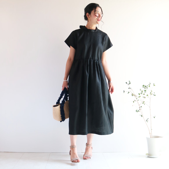 清涼感【ブラック】リネン100%バックネックリボン後ろファスナーワンピース★ 2枚目の画像