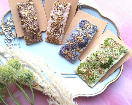 花模様のインド刺繍リボンのぱっちんピン4種 ヘアピン