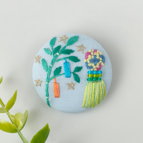 七夕祭りとぼんぼり刺繍ブローチ 七夕飾り ブローチ かなちゃん手刺繍 