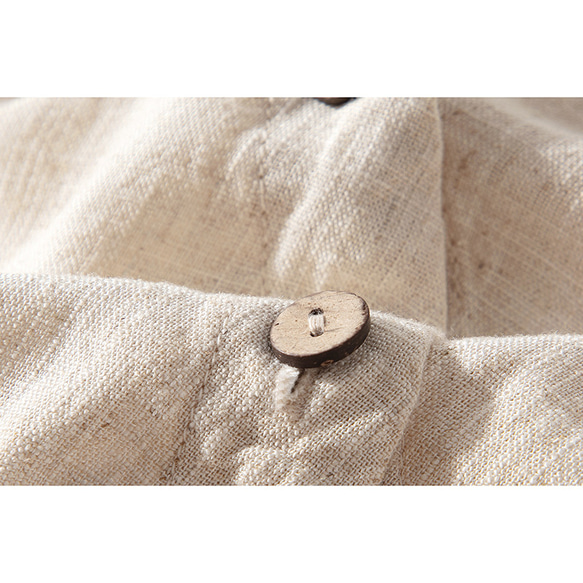 斜め開き綿麻シャツ　半袖綿麻Tシャツ　Vネック　木製ボタン　ベージュ　L244 7枚目の画像