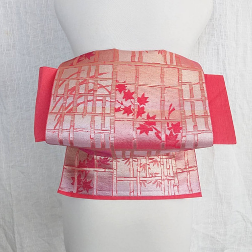 セール＊ 作り帯 夏帯 銀座スタイル 格子に紅葉・笹・芝草模様 赤×金