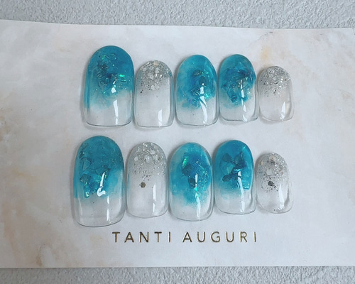 ネイルチップ 量産型 推しネイル フリル 水色 #62 ネイルチップ ガーリー量産型 チェック水色イニシャル 推し