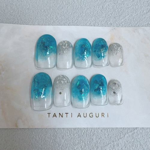 マリン 青色 ブルー ネイルチップ キラキラ 量産型 夏 ジェル素材 付け  