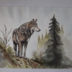水彩画 森の一匹オオカミ 絵画 makochin 通販 16063966｜Creema(クリーマ)