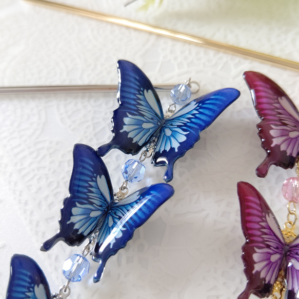 【蝶々簪(かんざし)♪】オオルリアゲハ。青い蝶、赤い蝶。和装小物。髪飾り。 10枚目の画像