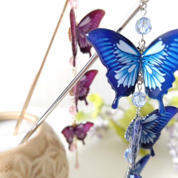 【蝶々簪(かんざし)♪】オオルリアゲハ。青い蝶、赤い蝶。和装小物。髪飾り。 8枚目の画像