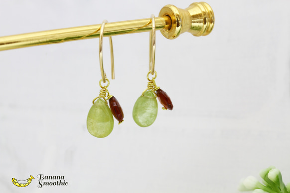 心躍る誕生石のコラボ 希少石 スフェーン × ガーネット 14kgfピアス 7月誕生石 1月誕生石 2枚目の画像