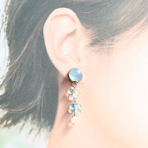 春夏秋冬おさんぽシリーズ Ｅ 連なるたっぷりアクアマリンの大粒ピアス