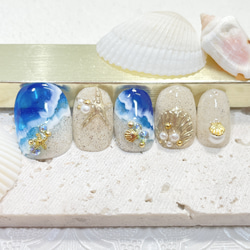 海　砂浜　ヒトデ　貝殻　ゴールドミラー　夏ネイルチップ 1枚目の画像