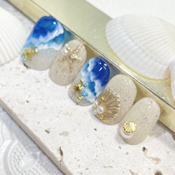 海　砂浜　ヒトデ　貝殻　ゴールドミラー　夏ネイルチップ 3枚目の画像