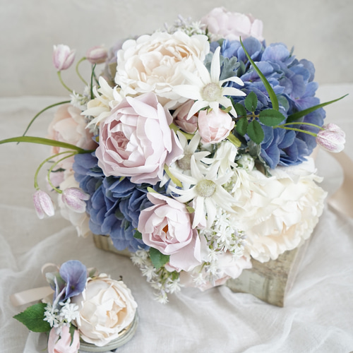 送料無料】アンティーク紫陽花とバラのピンクブルー ラウンドブーケ