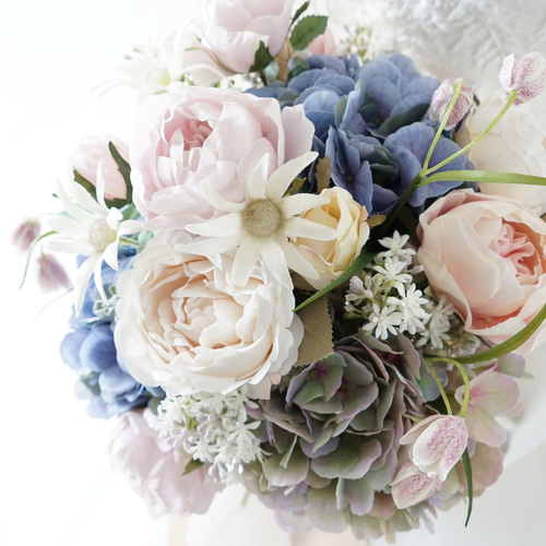 送料無料】アンティーク紫陽花とバラのピンクブルー ラウンドブーケ