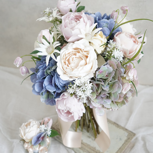 送料無料アンティーク紫陽花とバラのピンクブルー ラウンドブーケ