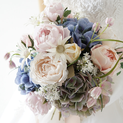 送料無料】アンティーク紫陽花とバラのピンクブルー ラウンドブーケ