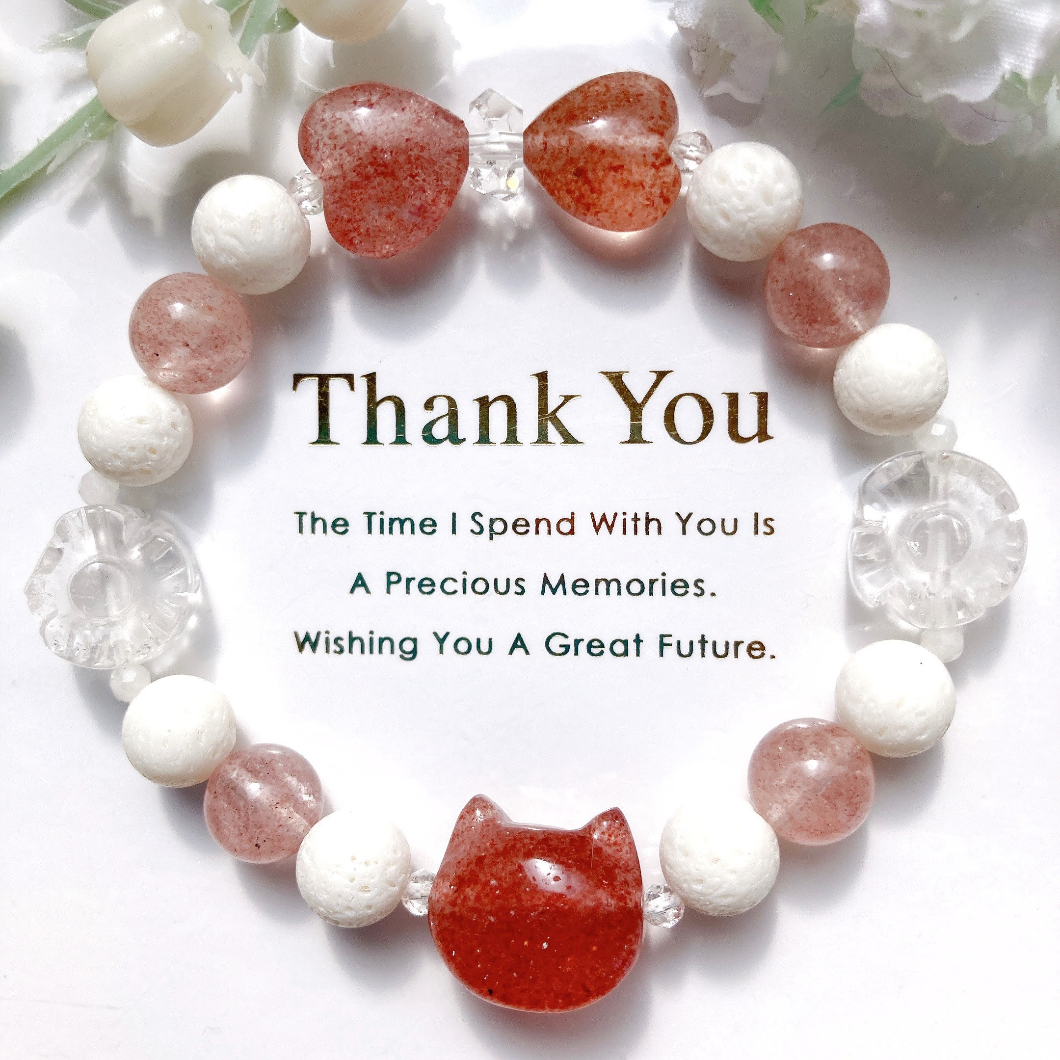 ˚✧₊⁎一点物˚✧₊⁎ ストロベリークォーツ猫ちゃんリボンお花天然石ブレスレット